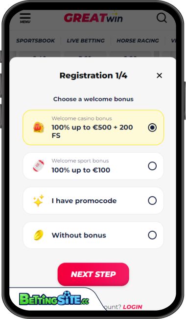 GreatWin betting registration