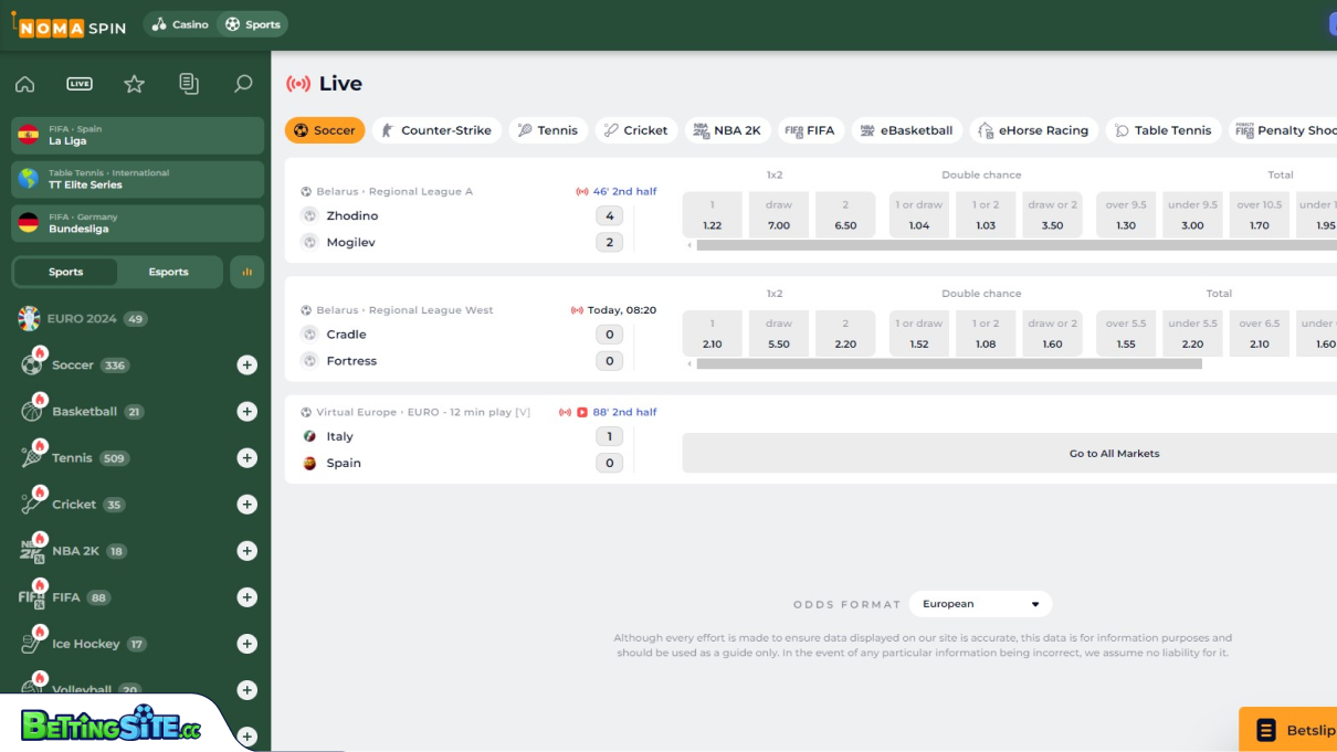 Nomaspin Live betting