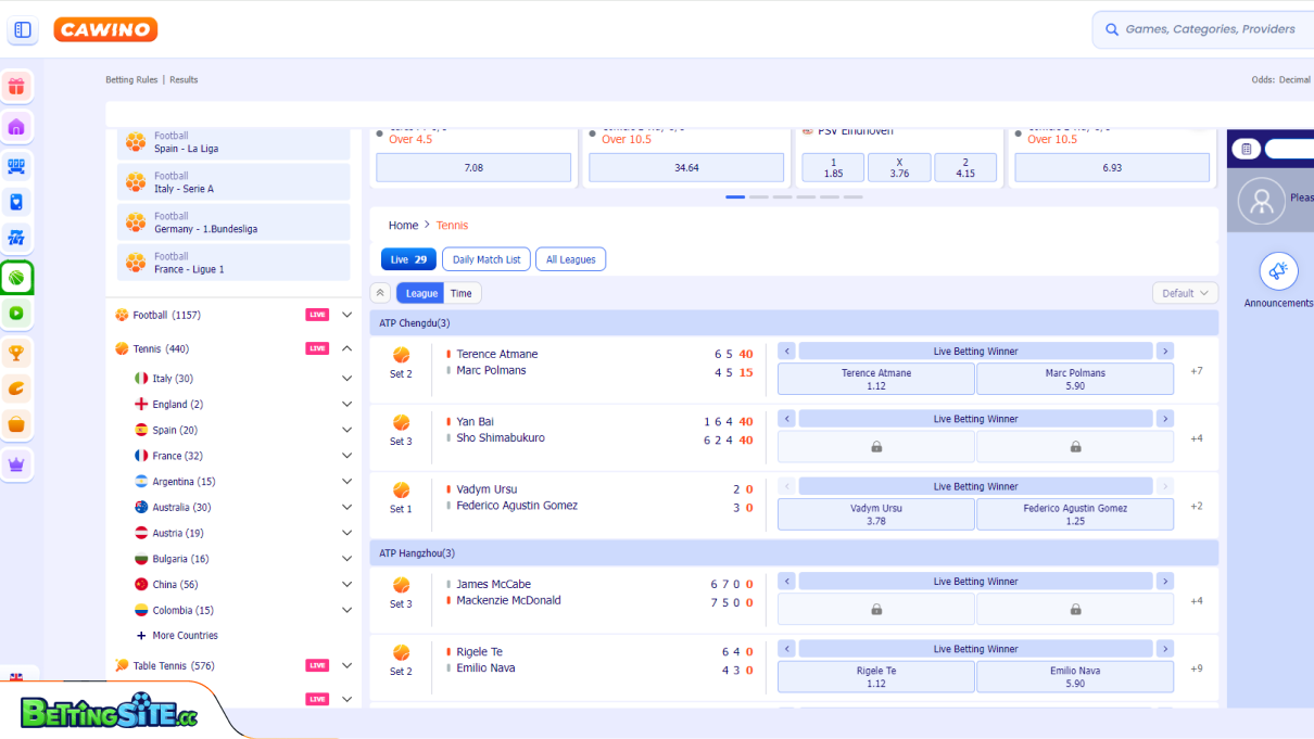 Cawino tennis betting