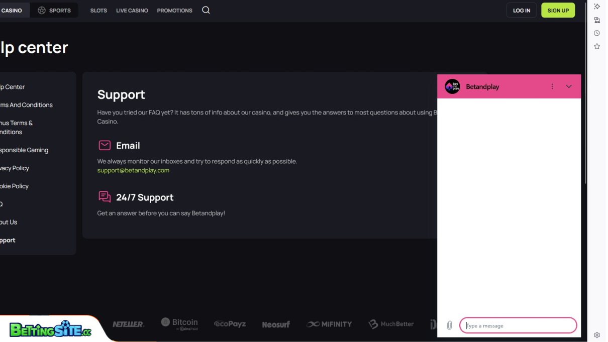 BetAndPlay customer support
