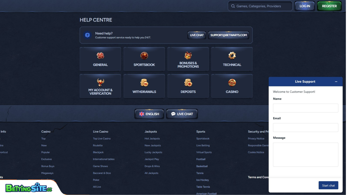 Apoio ao cliente Betwarts
