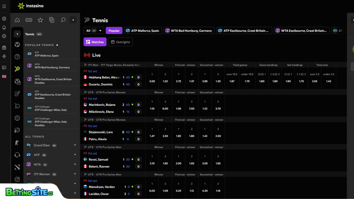 Instasino tennis betting