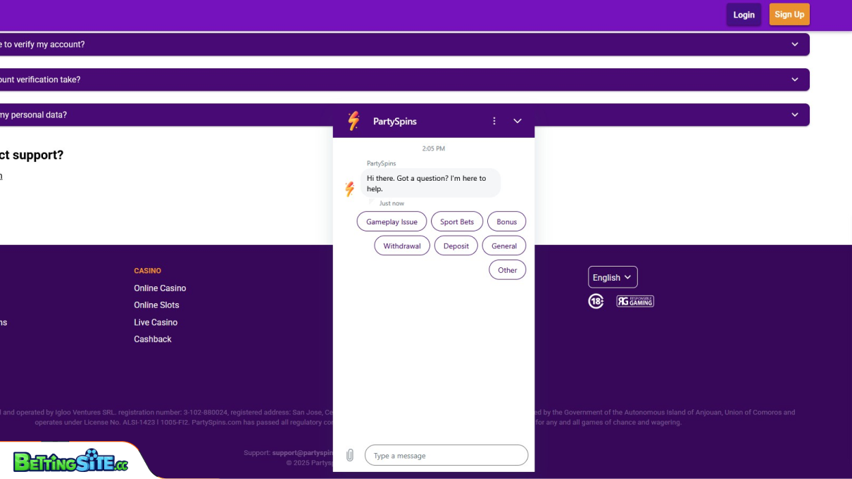 Partyspins customer support