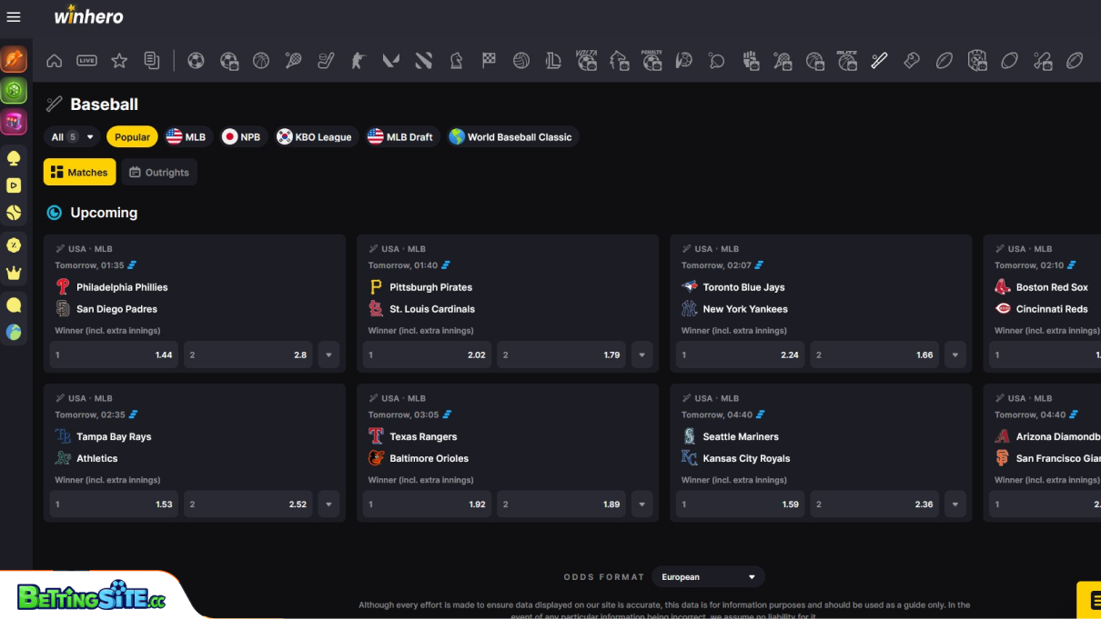 Winhero baseball betting