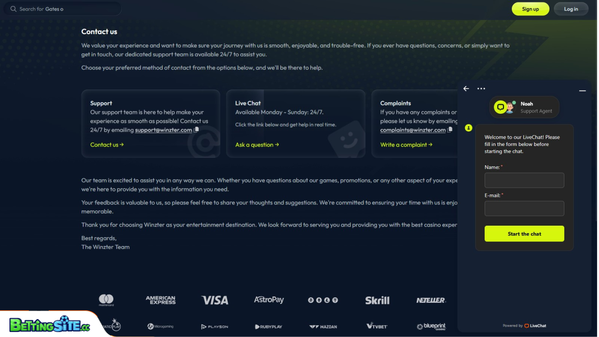 Winzter customer support