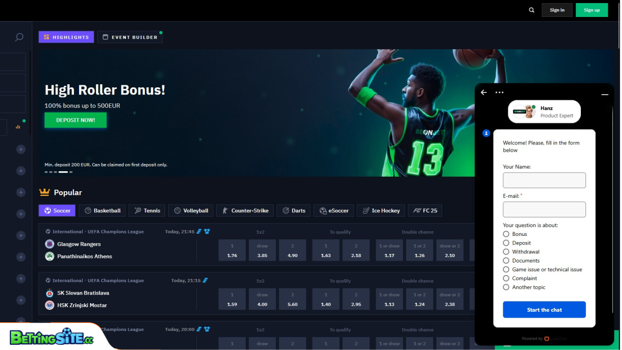 BeonBet customer support