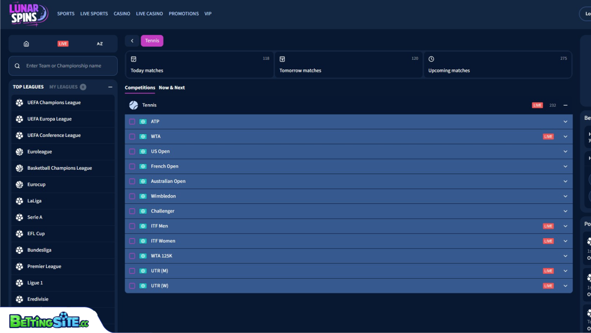Lunarspins tennis betting