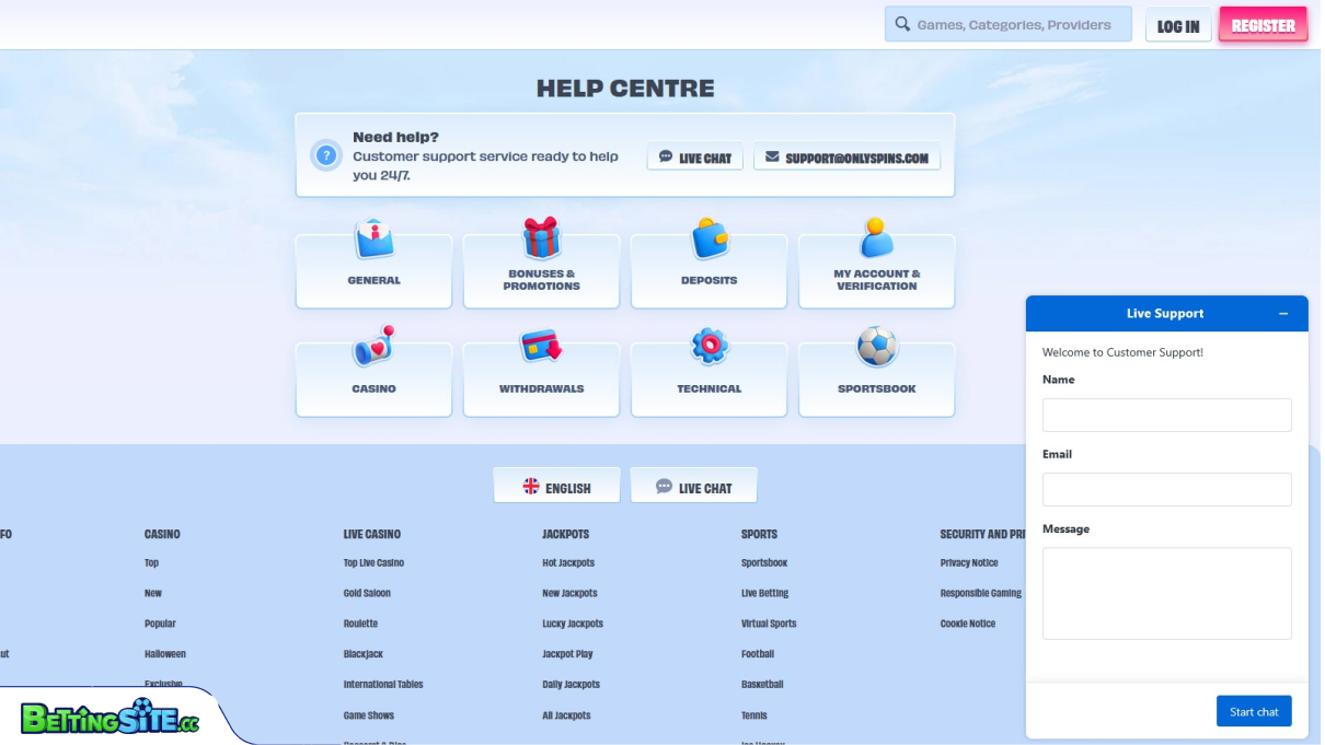 OnlySpins ügyfélszolgálat