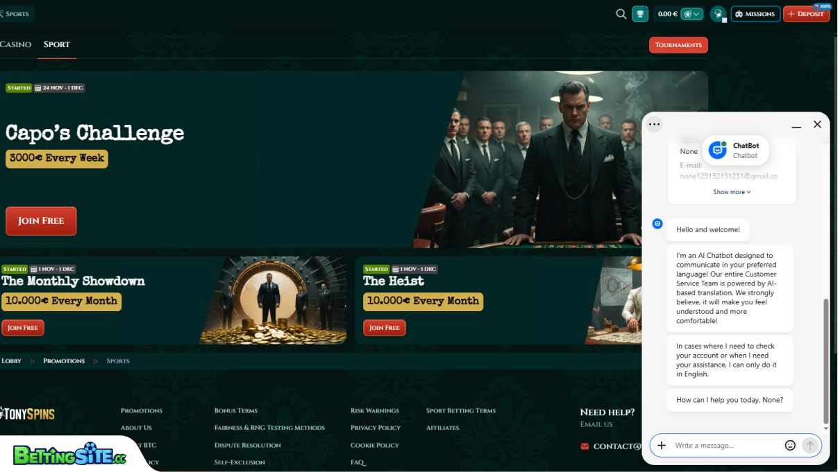 TonySpins customer support