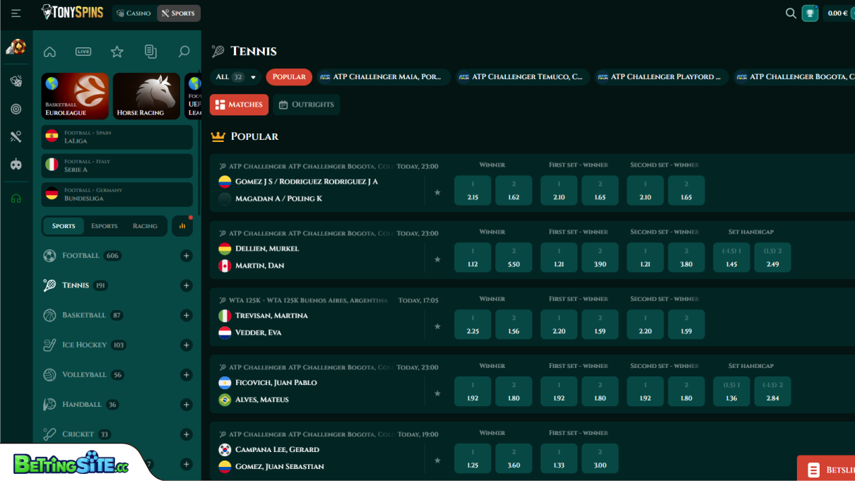 TonySpins tennis betting