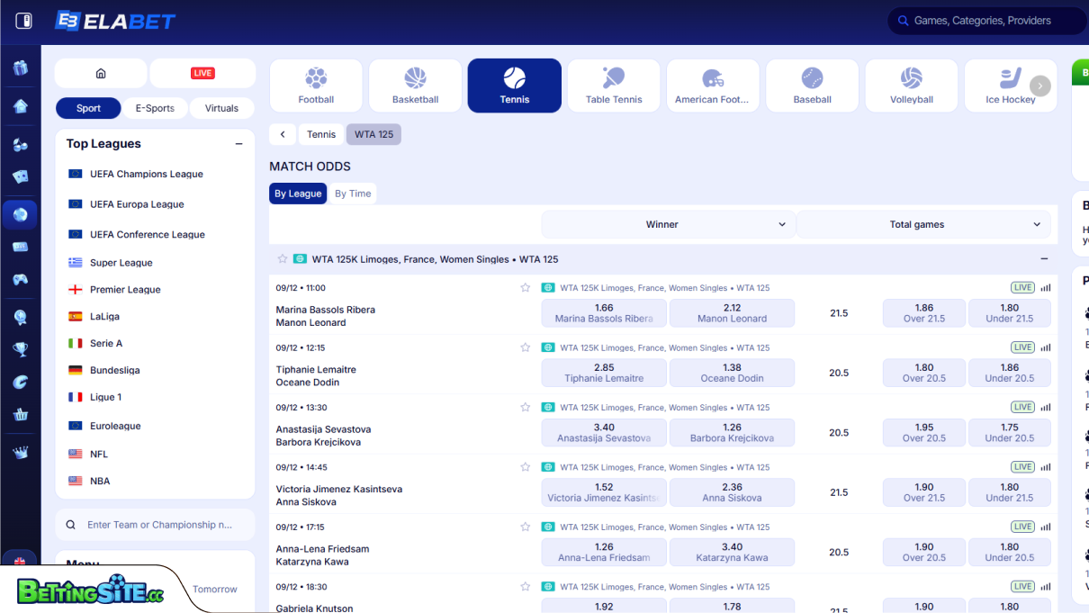 ElaBet tennis betting