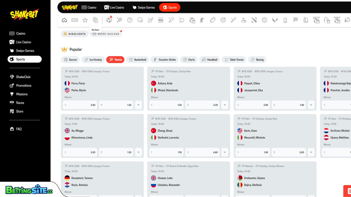 ShakeBet tennis betting