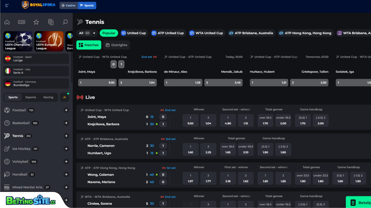 Royalspinia tennisweddenschappen