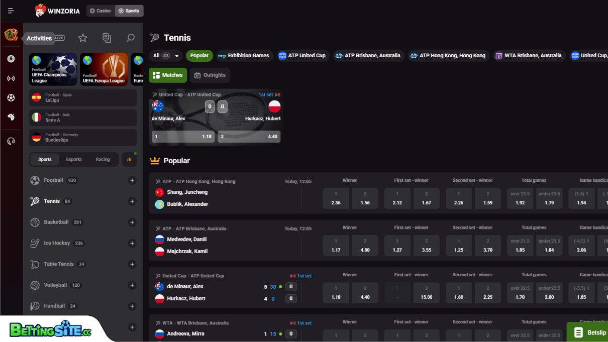 Winzoria tennis betting