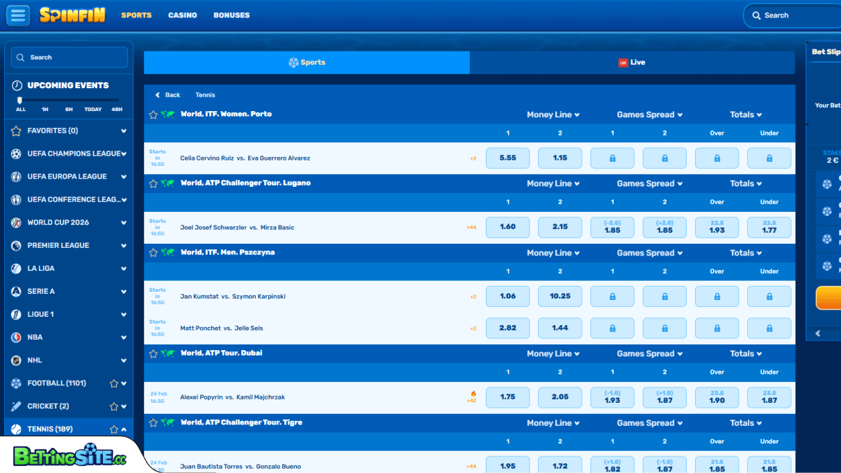 Spinfin Tennis betting
