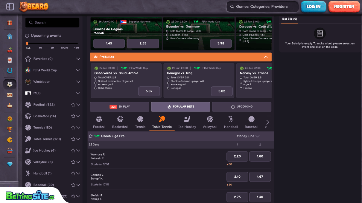 Bearo table tennis betting