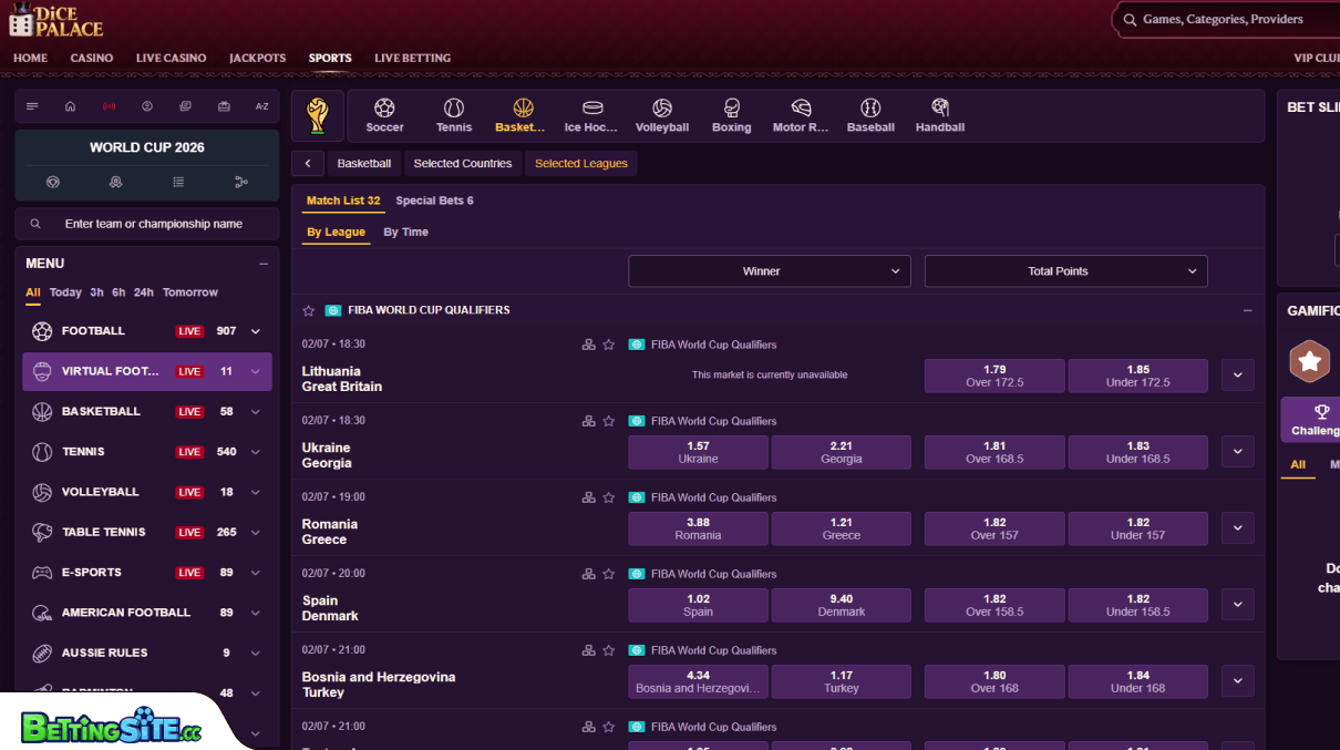 Dice Palace Basketball betting